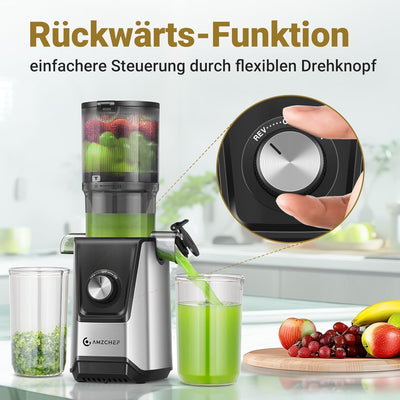 AMZCHEF 200W Kaltpress Slow Juicer - 108MM Grosser Einfüllschacht Entsafter für Ganze Gemüse und Obs