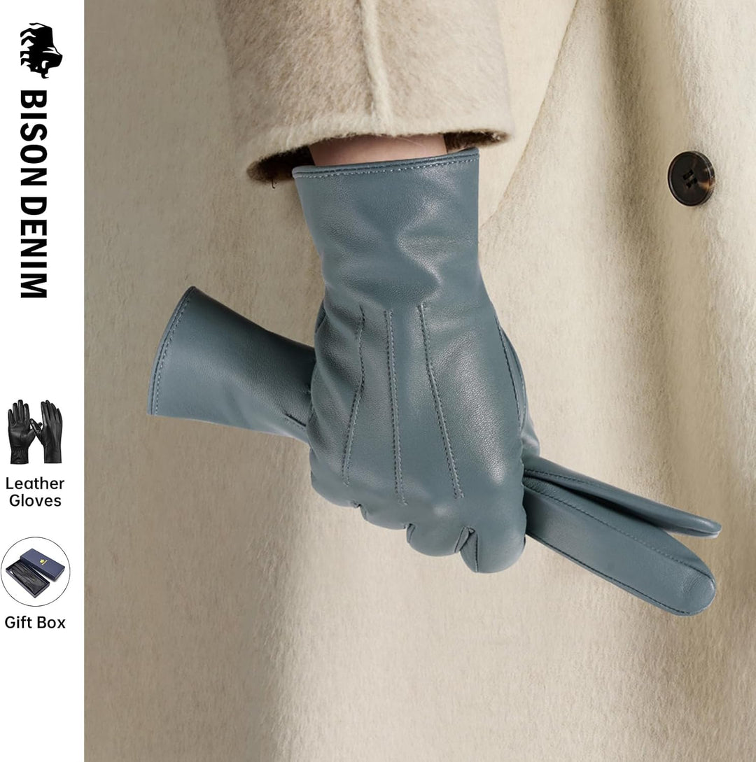 BISON DENIM leder handschuhe damen-Kaschmirverkleidung, Touchscreen und Winterhandschuhe Blau XXL, B