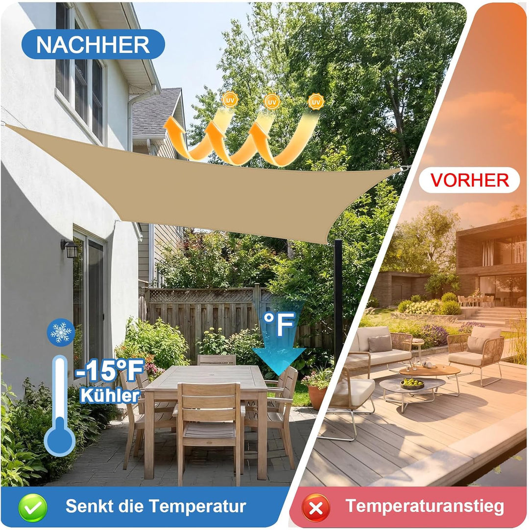 3x3m Sonnensegel Rechteckig, Wasserdicht Sonnenschutz Segeltuch Sunsegel, 95% UV Schutz, Regenschutz