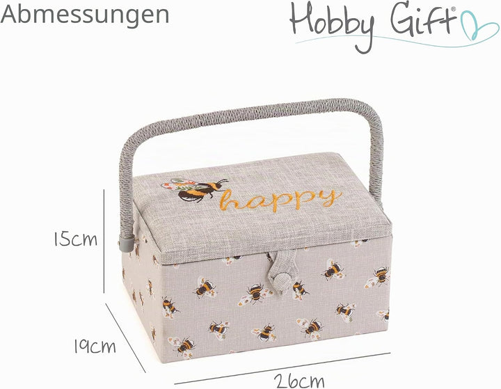 Hobby Gift Medium Näh-Aufbewahrungsbox, Holz/Stoff, Gestickte glückliche Biene, Gestickte Glückliche