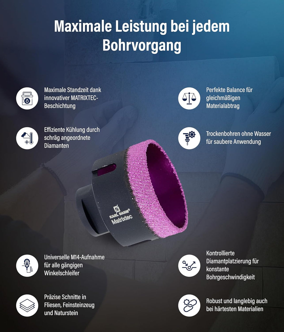 Karl Dahm MATRIXTEC Diamant-Trockenbohrkrone Ø 75 mm I Fliesenbohrer für Feinsteinzeug, Fliesen & Na
