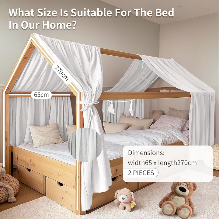 Hausbett Himmel mit Gold Applikation 2 Stück, handgefertigt aus 100% Baumwoll-Musselin, Stoffhimmel