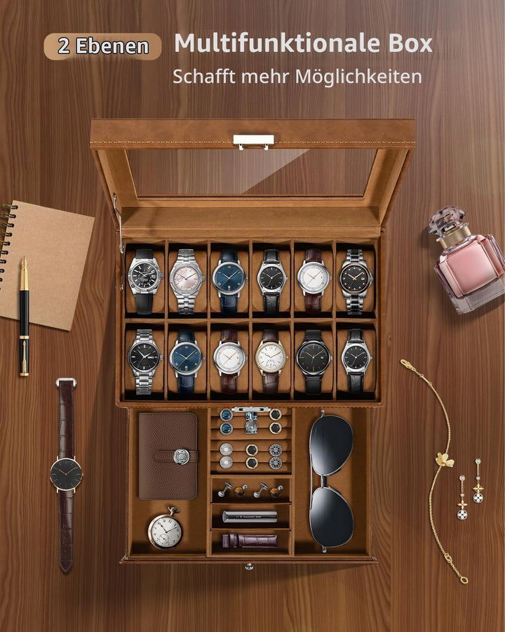 Uten Uhrenbox, 12 Fächern und 1 Schublade mit Schlüsselschloss, Glasdeckel, Braunes PU, Braunes Samt