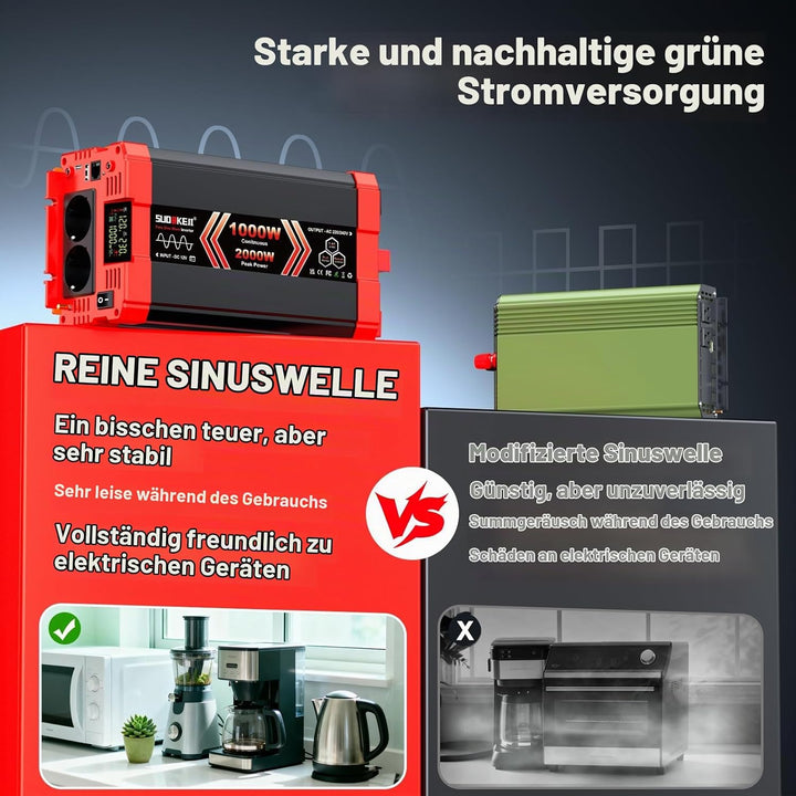 SUDOKEJI 1000W/2000W Wechselrichter Reiner Sinus Spannungswandler 12V auf 230V EU-Steckdose mit LCD