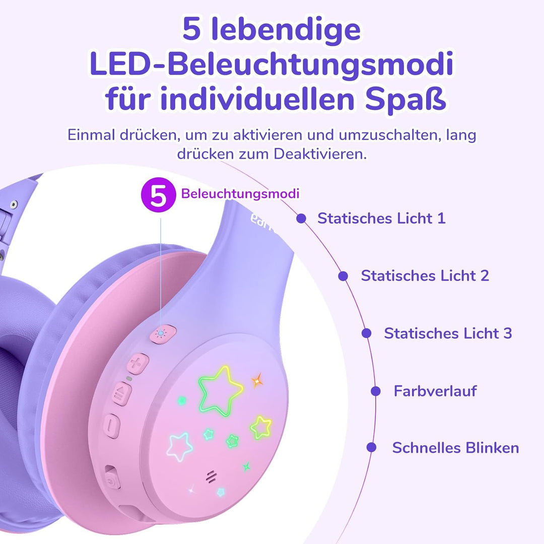EarFun Bluetooth Kopfhörer Kinder, 5 LED-Beleuchtungsmodi, 74/85/94 dBA Lautstärkebegrenzung, 90 Std