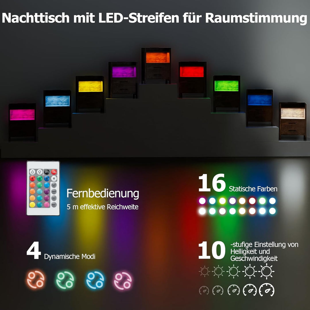 COSTWAY Nachttisch mit LED-Lichtern und Ladestation, Beistelltisch mit 2 Schubladen, offenen Fächern