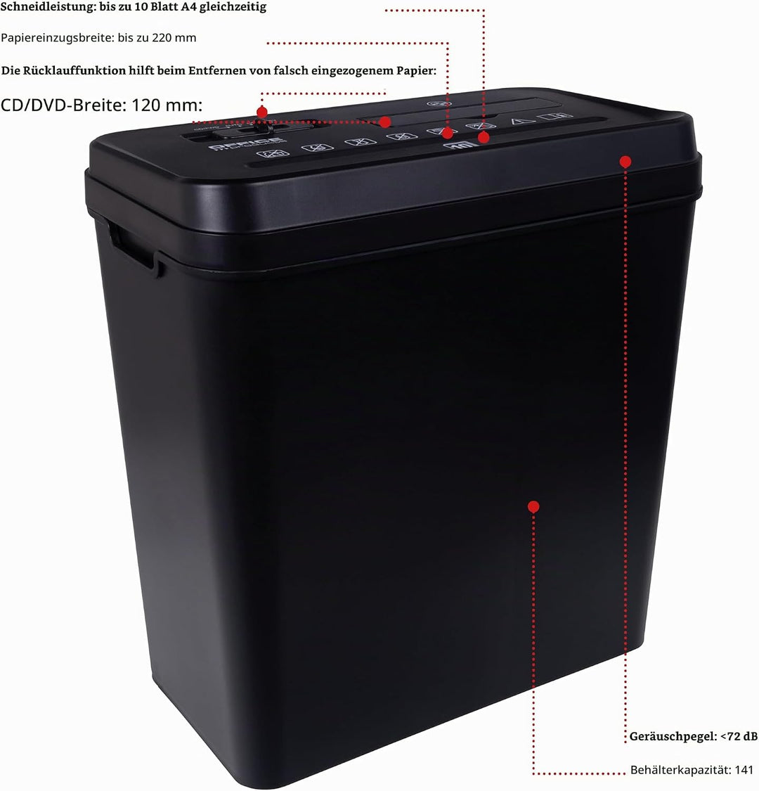 Office Products Aktenvernichter/für Papier CD/DVD / 10 Blätter Querschnitt/Behälter 14 l/Schwarz/Pap