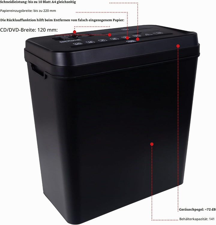 Office Products Aktenvernichter/für Papier CD/DVD / 10 Blätter Querschnitt/Behälter 14 l/Schwarz/Pap