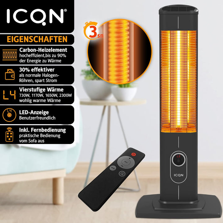 ICQN 2300 Watt Stand Heizstrahler | 4 Heizstufen mit Fernbedienung | Kohlenstoff Infrarotstrahler fü