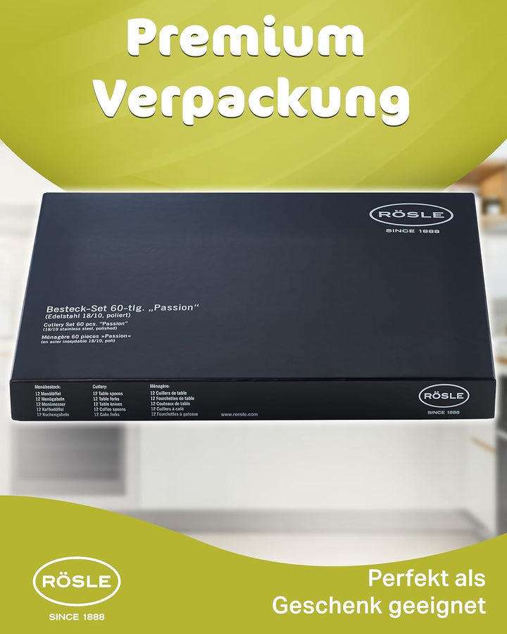 RÖSLE CULTURE Besteck-Set 60-teilig, Hochwertiges Essbesteckset für 12 Personen aus Edelstahl 18/10,