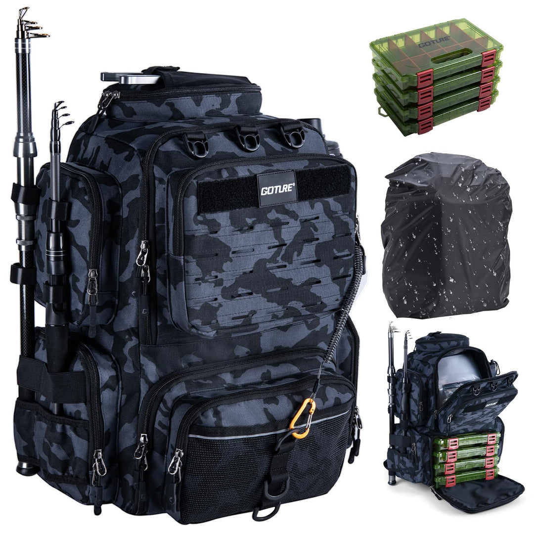 Goture Angelrucksack mit 4 Köderbox Angeln, 45-Liter Angelzubehör-Rucksack mit Zwei Rutenhaltern und