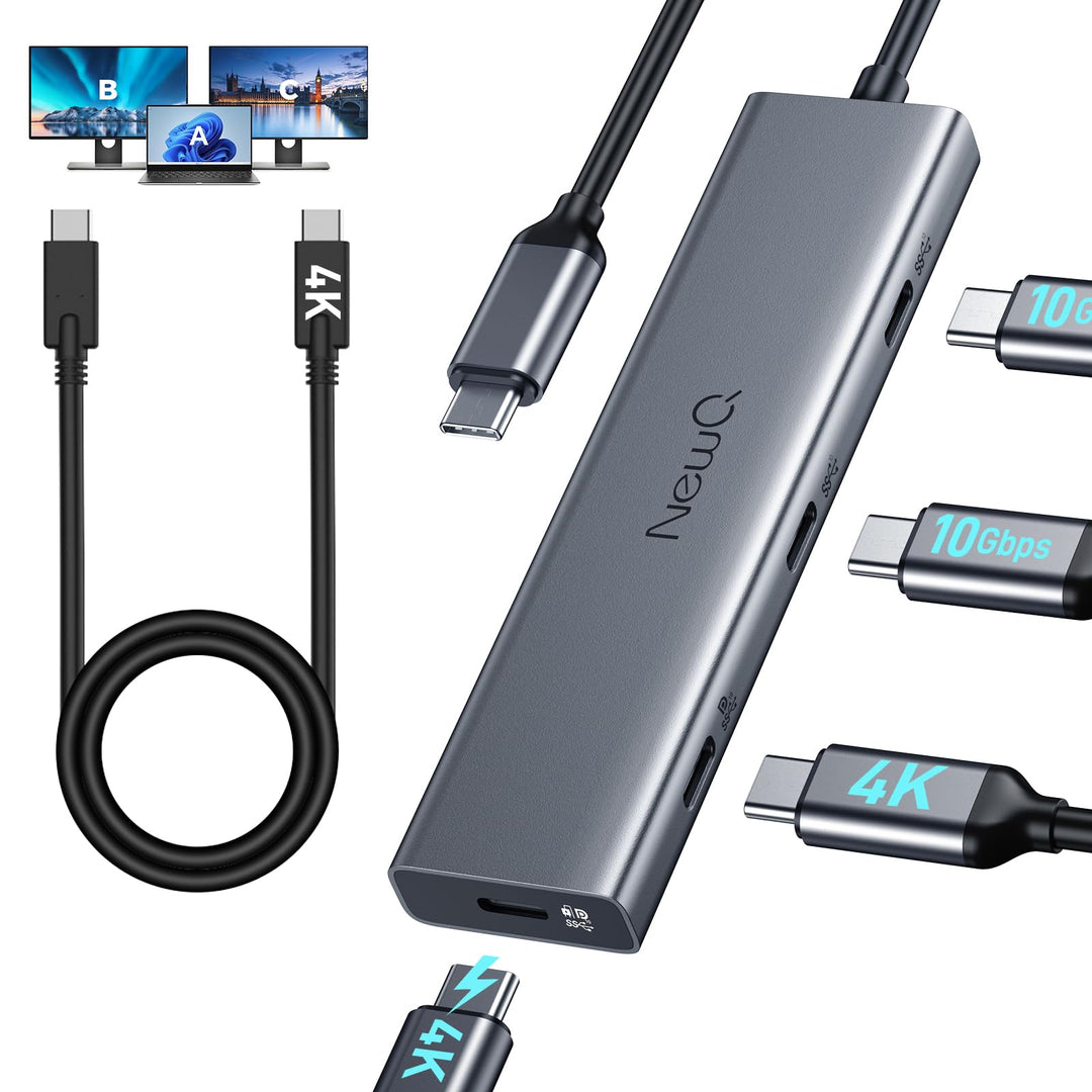USB C Video Hub NEWQ Typ C Hub 3.2 Umkehrstrom Monitor, Dual Video Display 4K @ 30–60 Hz, 4 x USB-C