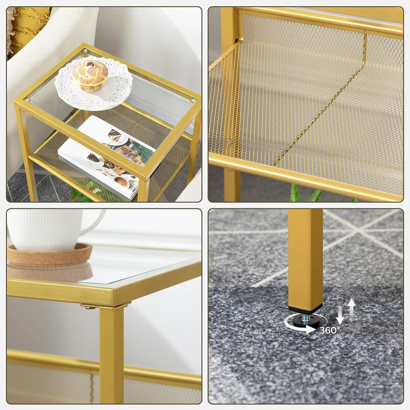 HOOBRO Beistelltisch Gold, Telefontisch, 3-stöckiger Nachttisch mit Platte aus gehärtetem Glas und G