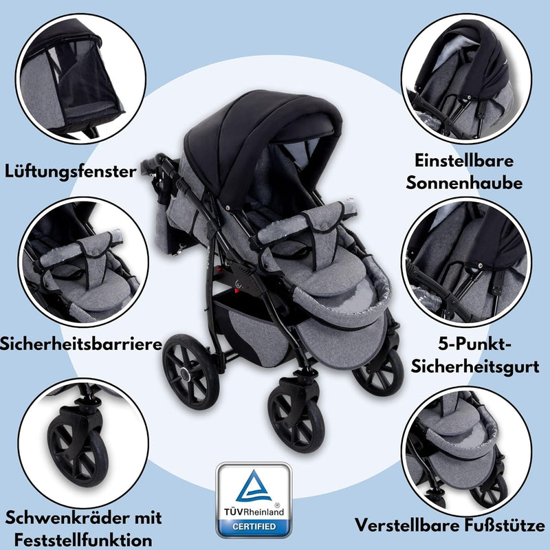 GaGaDumi Boston Kinderwagen 3 in 1 Komplettset mit Autositz - Kombikinderwagen mit grossen Rädern -