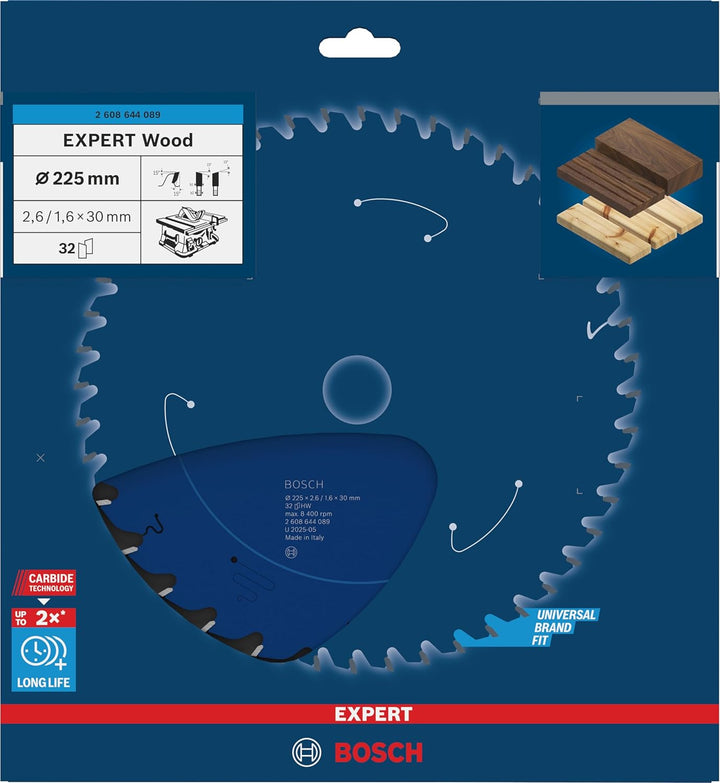 Bosch Professional 1x Kreissägeblatt Expert for Wood (Holz, Sägeblatt Ø 225 x 30 x 2,6 mm, 32 Zähne,