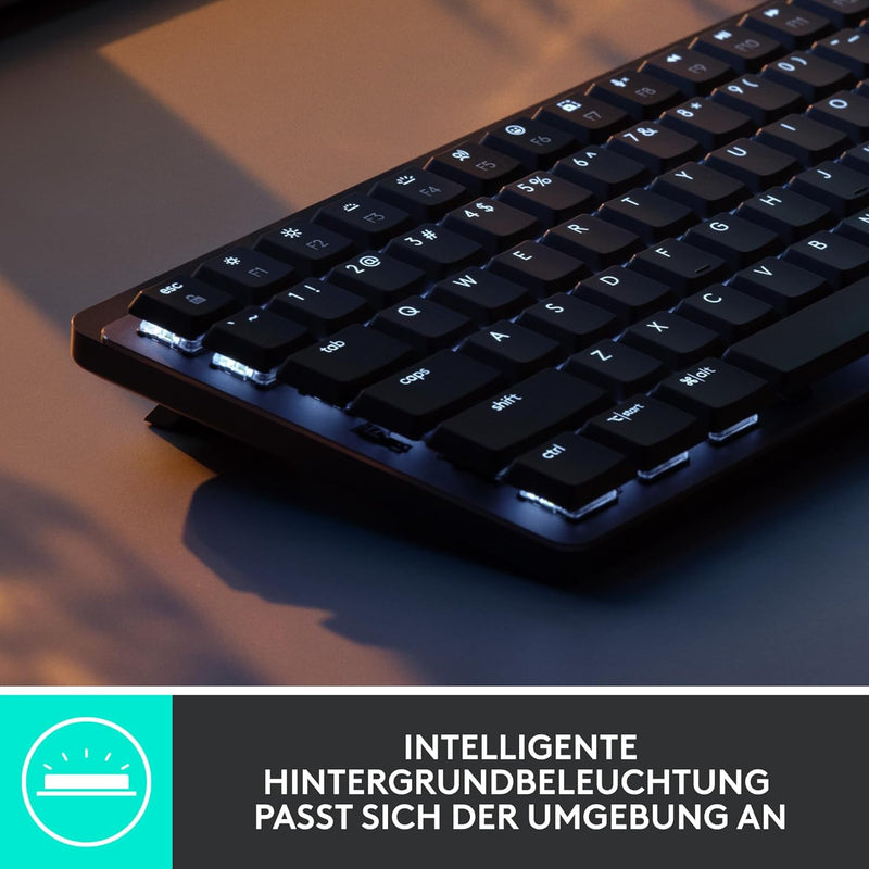 Logitech MX Mechanische kabellose Mini-Tastatur mit Beleuchtung, Taktile leise Tasten, Hintergrundbe