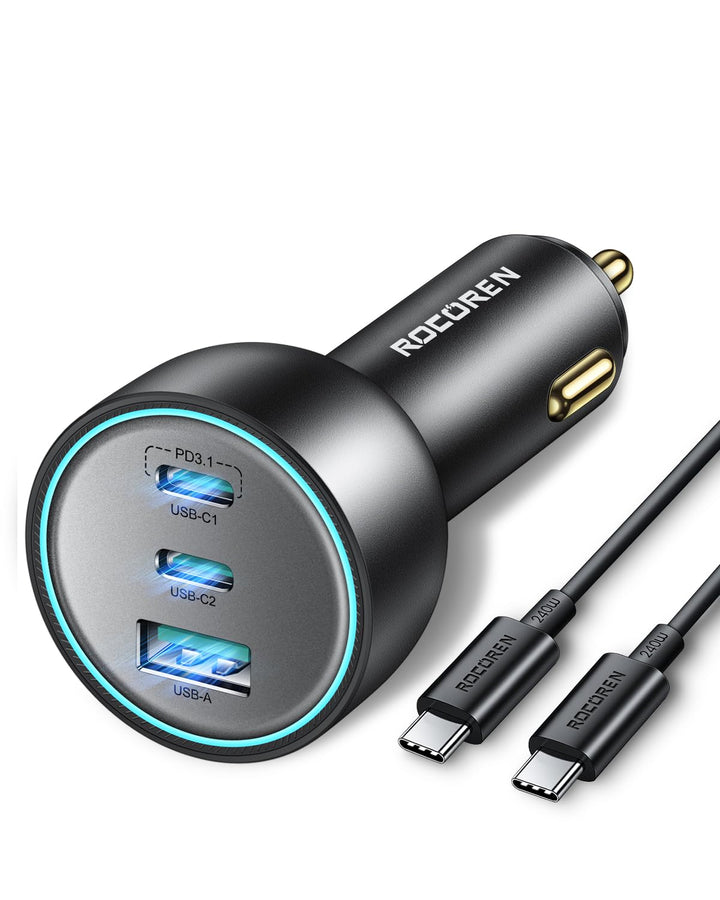 Rocoren KFZ Ladegerät USB C 165W, PD3.1 140W QC5.0 PPS 3-Ports Schnellladegerät Auto Ladegerät Adapt