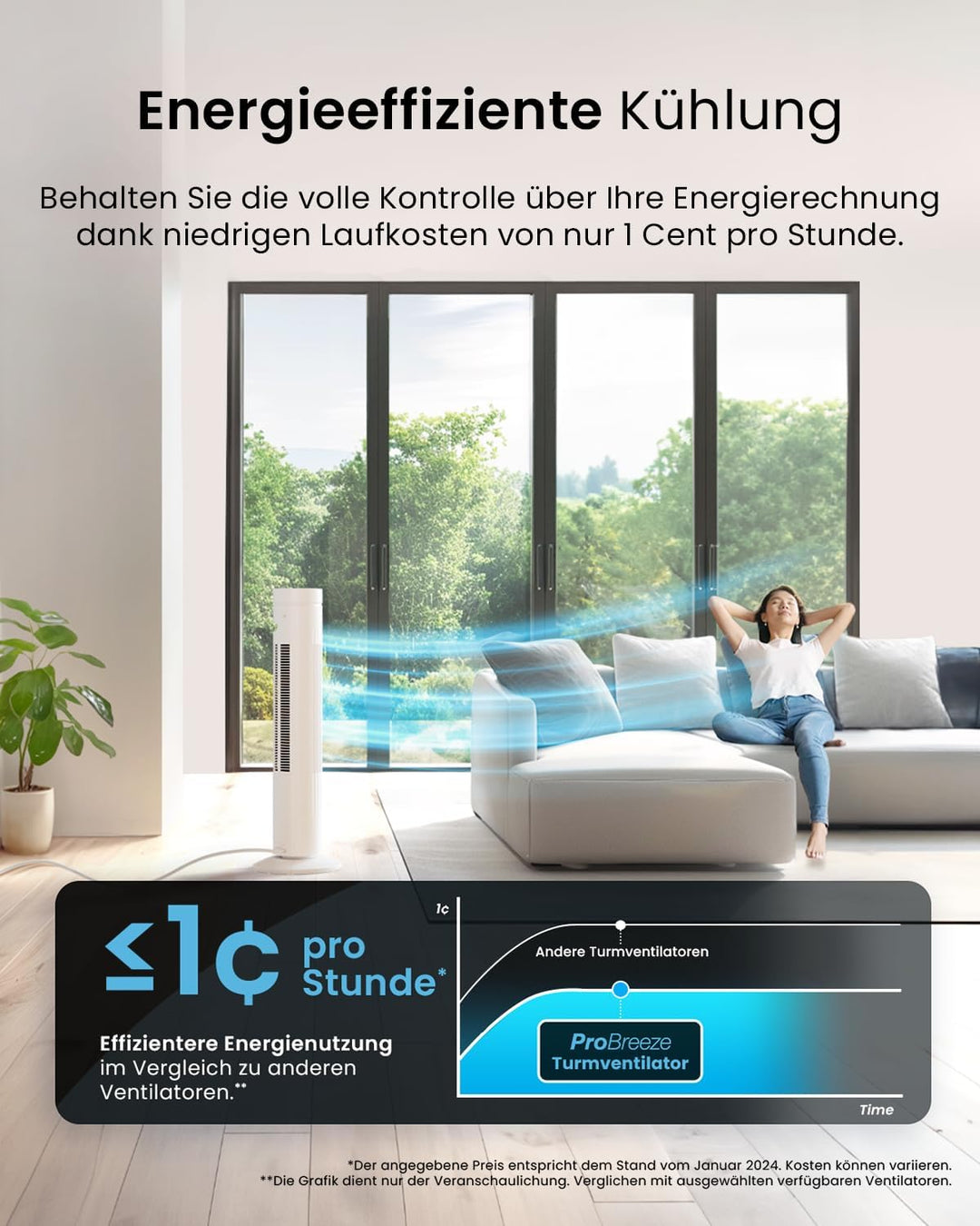 Pro Breeze™ Oszillierender Turmventilator, 79 cm Höhe, 70 Grad Oszillation, Säulenventilator mit 3 G