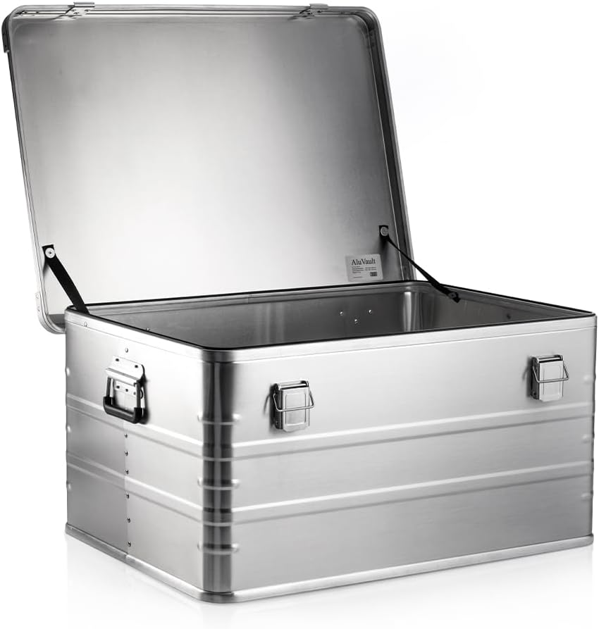 AluVault 157L – Alubox mit Deckel, Aluminium Aufbewahrungsbox, Alukiste, Spritzwassergeschützt, Stau
