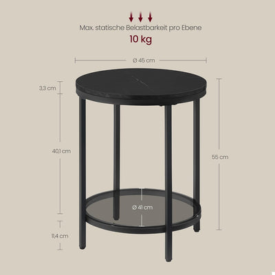 VASAGLE Beistelltisch, Nachttisch mit 2 Ebenen, Holzspanplatte, Hartglas, für Wohnzimmer, Arbeitszim