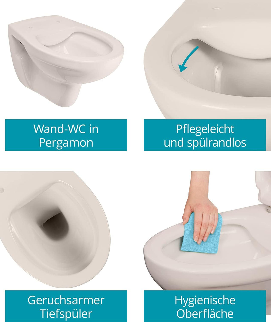 Calmwaters® Hänge WC spülrandlos in Pergamon, Wand-WC mit Abgang waagerecht, Tiefspül WC ohne Spülra
