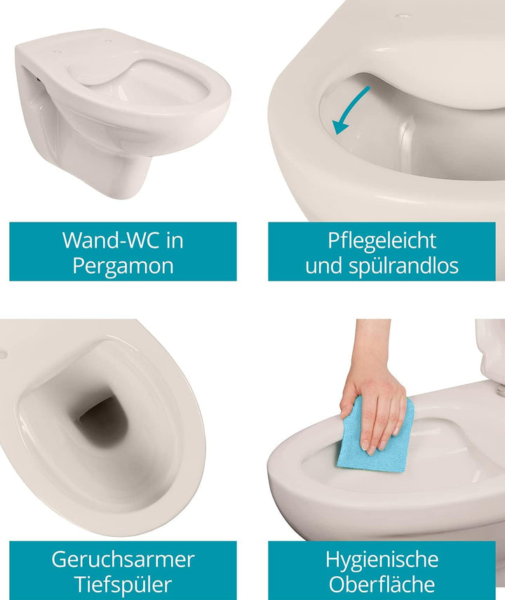 Calmwaters® Hänge WC spülrandlos in Pergamon, Wand-WC mit Abgang waagerecht, Tiefspül WC ohne Spülra