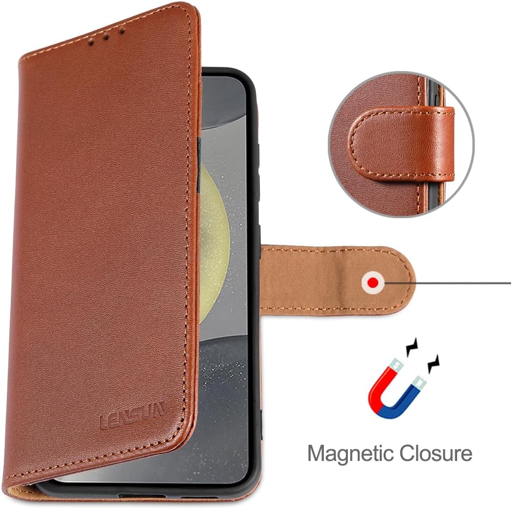 LENSUN Hülle für Samsung Galaxy S25 Echtleder, Handyhülle [Echtes Leder] [Standfunktion] [RFID Schut