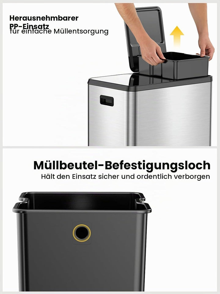 YEAUPE PRO Mülleimer Küche 60L Edelstahl, 2x30L Mülltrennsystem mit Softclose Deckel, Treteimer mit