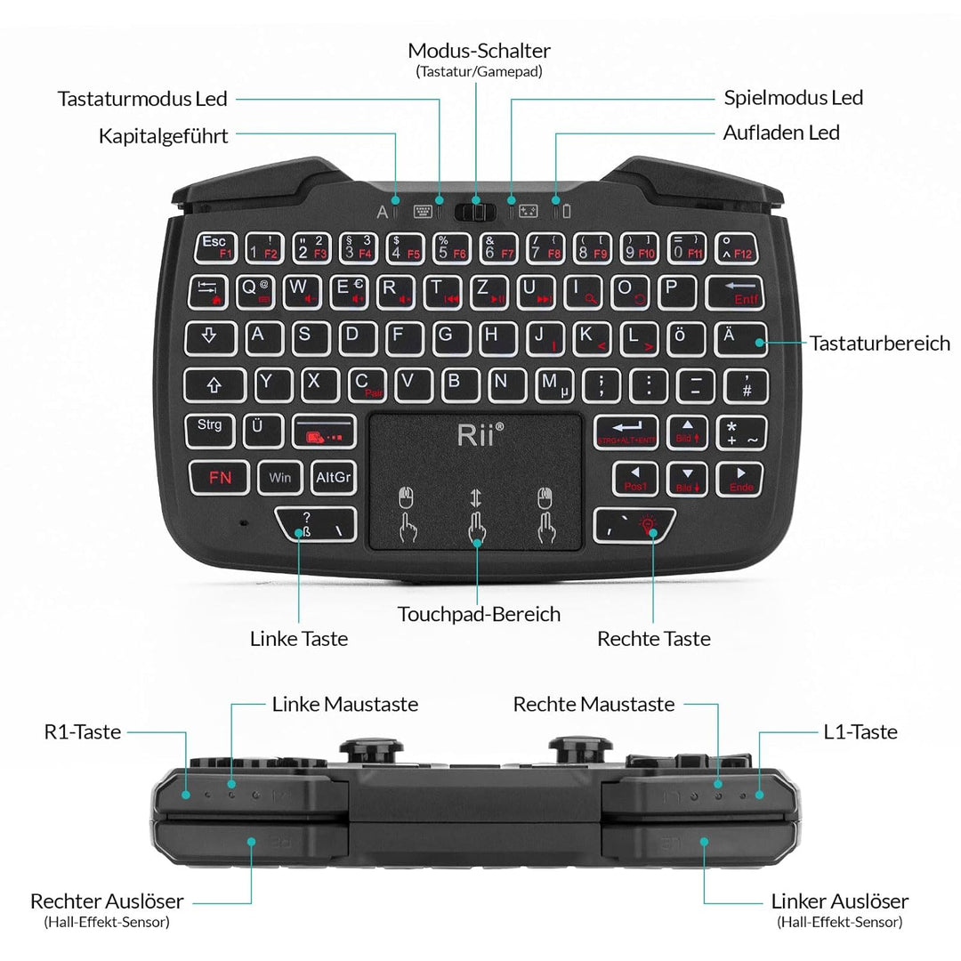 Rii Gaming Controller Wireless mit Tastatur mit Touchpad, 3-in-1-Funktionalität, 2,4GHz-Empfänger-An