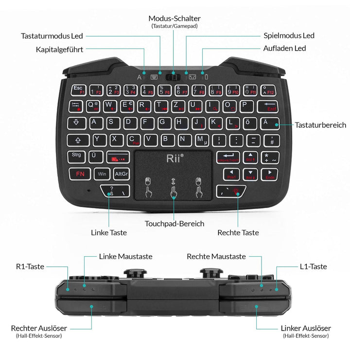 Rii Gaming Controller Wireless mit Tastatur mit Touchpad, 3-in-1-Funktionalität, 2,4GHz-Empfänger-An