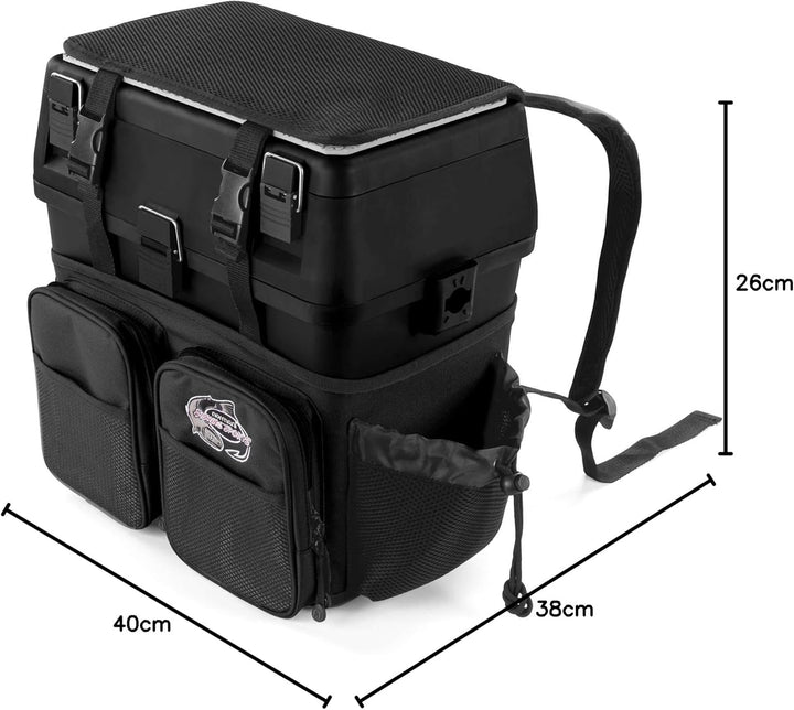 Sitzkiepe Angelrucksack Multi-Angelbox Sitz- und Gerätekasten mit Tragegurtsystem - inklusive 4 Kuns