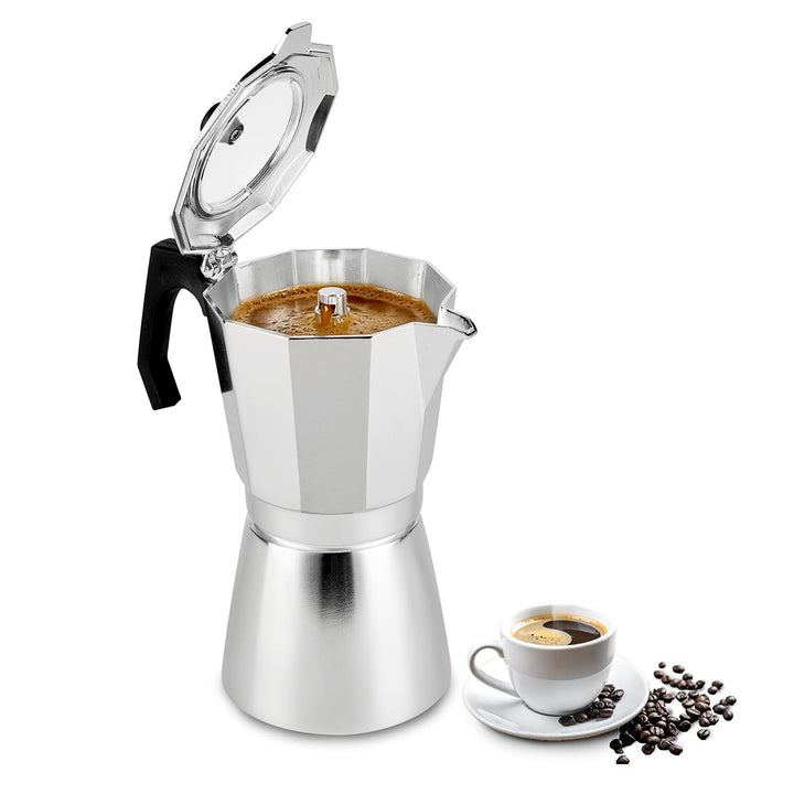 Espressokocher aus Aluminium, Mokkakanne 450 ml für 9 Tassen | Transparenter Deckel, Tropffreie Ausg