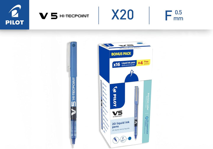 Pilot 3131910516514 V5 Hi-Tecpoint Flüssigtintenroller, Blau, 20 Stück blau Einzelbett, blau Einzelb