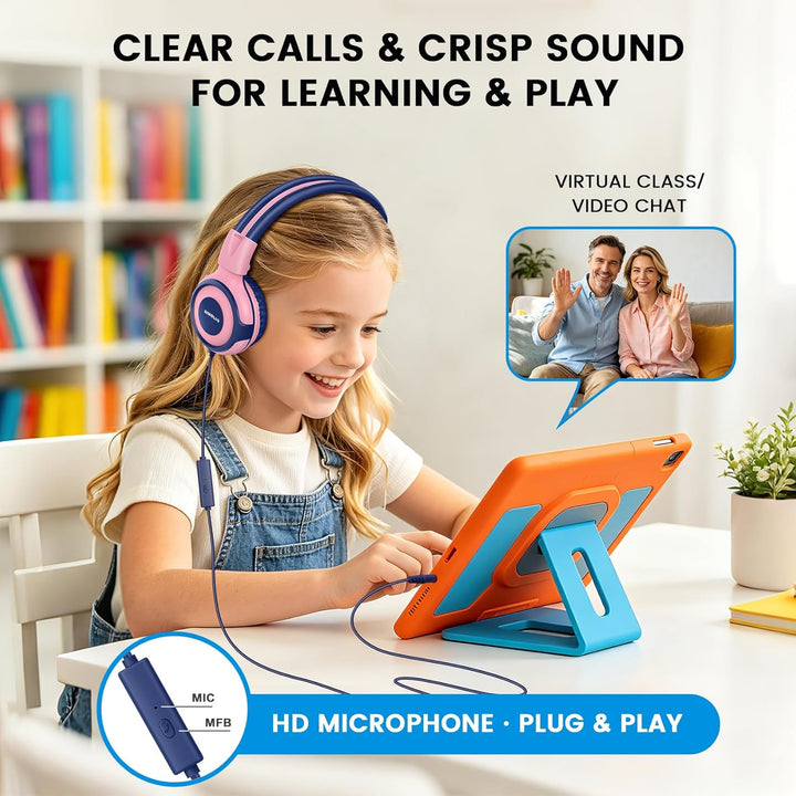 SIMOLIO Kopfhörer Kinder mit eingebautem Mic, Kinderkopfhörer mit Lautstärkebegrenzung 94-85-75dB, S