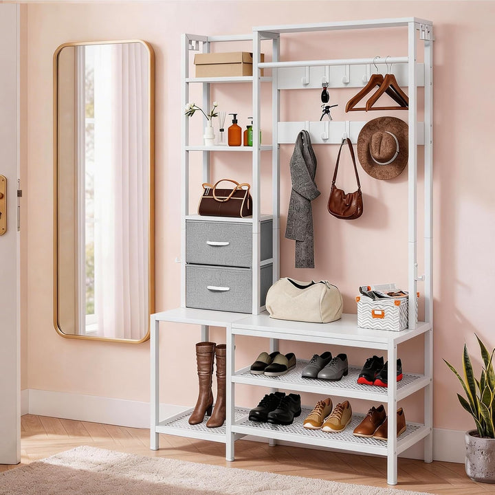 YITAHOME Kleiderständer, Garderobenständer Schuhregal 9 Haken 2 Schubladen | Freistehendes Garderobe
