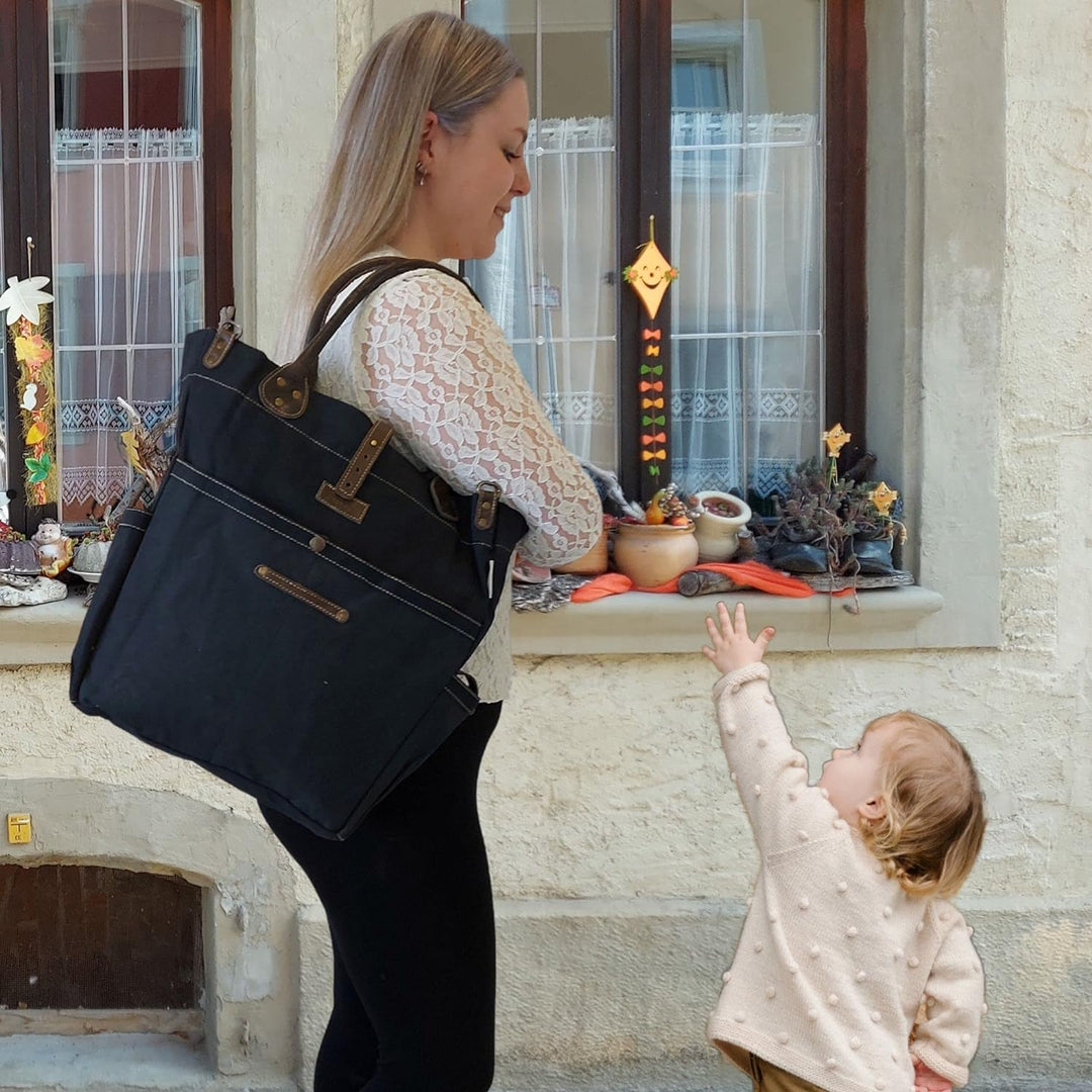 Sunsa Damen gross Handtasche. Shopper aus Canvas & Leder. Schwarze Nachhaltige Schultertasche für Or
