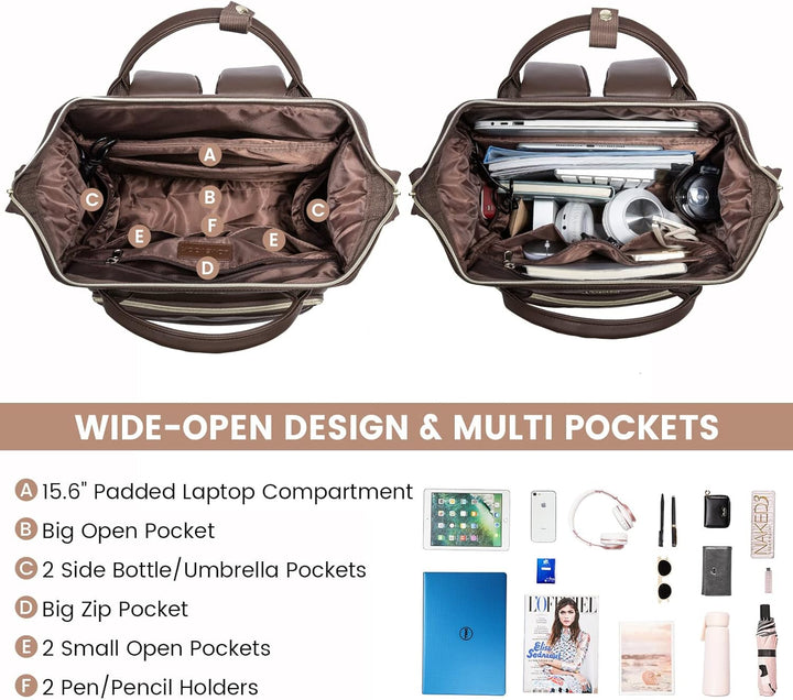 LOVEVOOK Rucksack Damen, Gross Wasserdicht 17 Zoll Laptoptasche Schulrucksack, PU Leder Schultasche