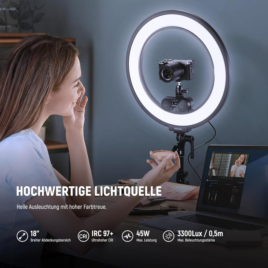 NEEWER 18" Ringlicht Set mit Randbeleuchtung, 45W 3300Lux 2900K-7000K 12 Szenen Ringleuchte mit APP