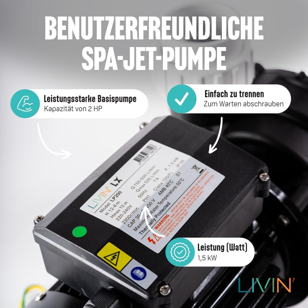 LIVIN' LX LP200 Jet Poolpumpen- Whirlpool umwälzpumpe 1.5kw/ 2HP & Pool Filterpumpe 535L/ Min Poolpu
