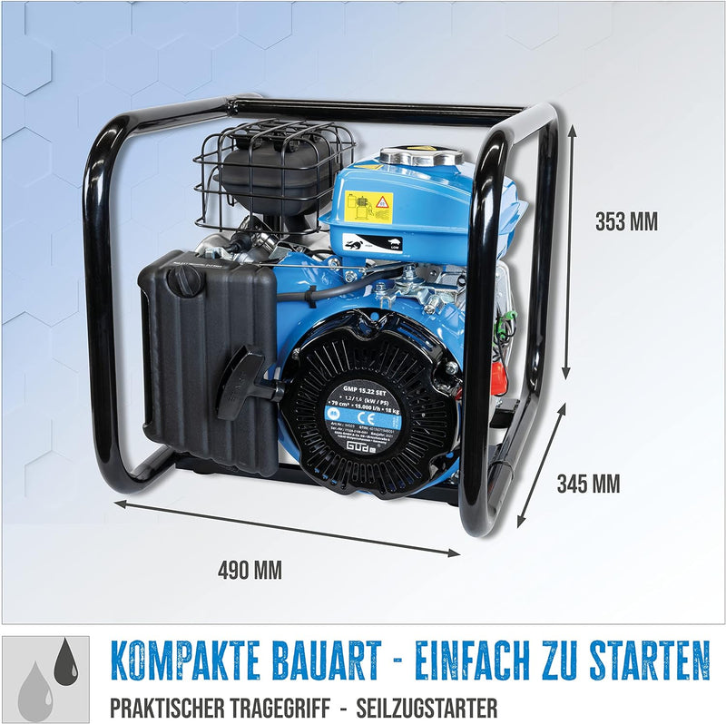 Güde 94503 Motorpumpe-Set GMP 15.22 (4-Takt Motor, Fördervolumen: 15.000 l/h, max. Förderhöhe: 22 m,