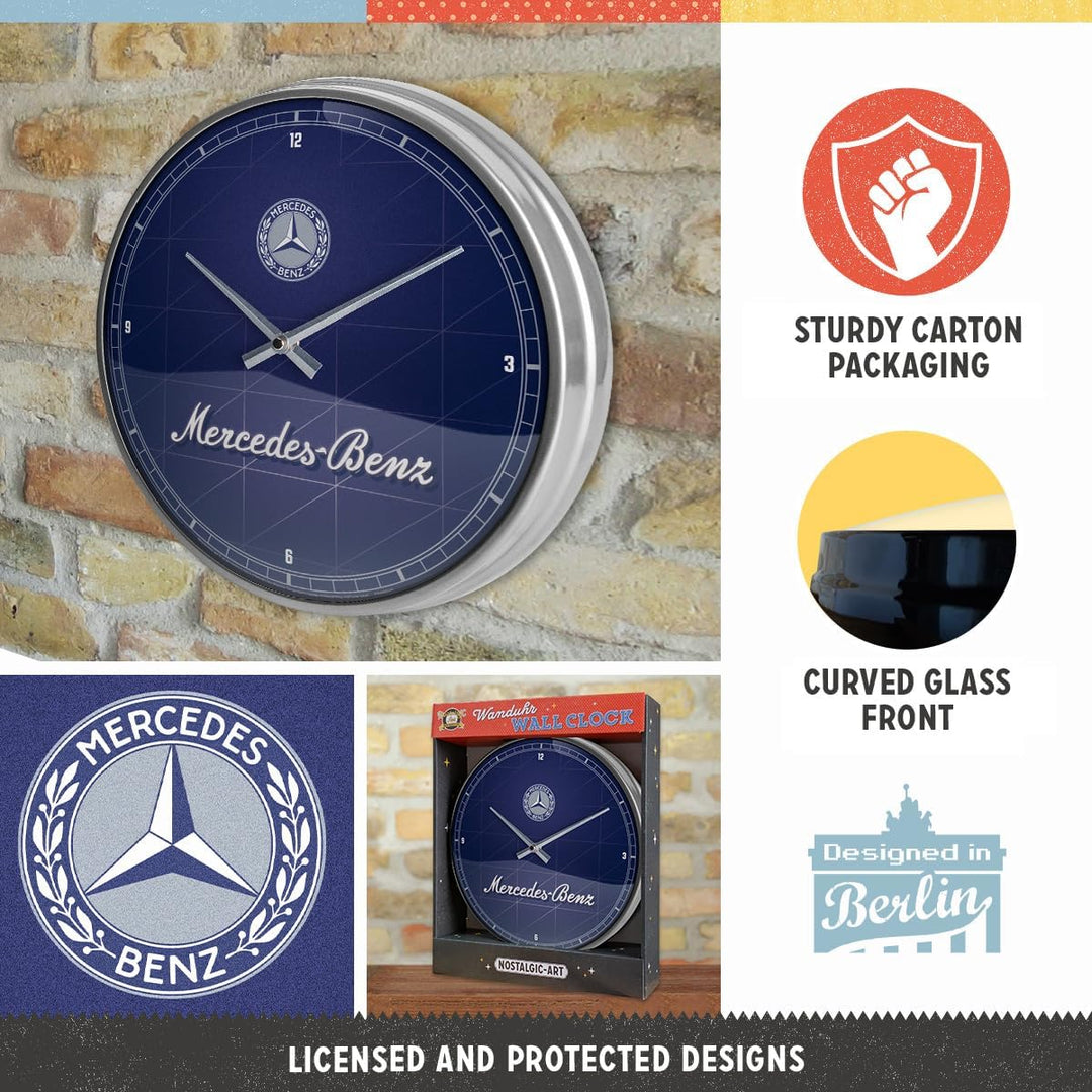 Nostalgic-Art Retro Wanduhr, Ø 31 cm, Mercedes-Benz – Silver & Blue – Geschenk-Idee für Mercedes-Ben