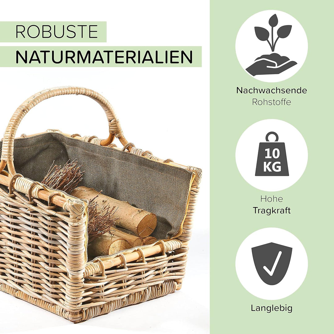 Kobolo Kaminholzkorb Holztrage für Kaminholz -Rattan grau abnehmbarer Textileinsatz in