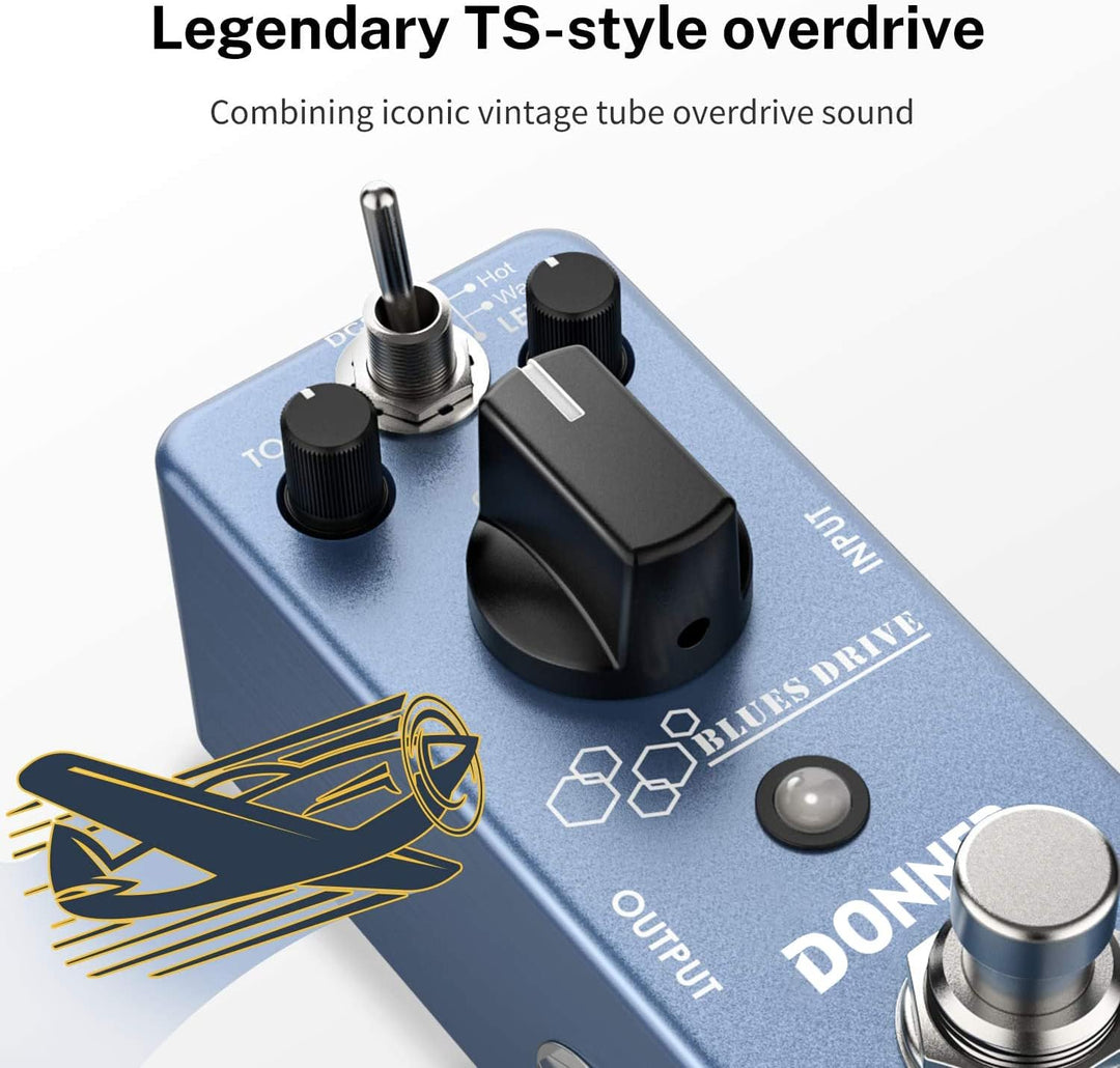 Donner Overdrive Gitarrenpedal, Blues Drive Vintage Overdrive Effekt Warm/Hot Modes True Bypass, Blu