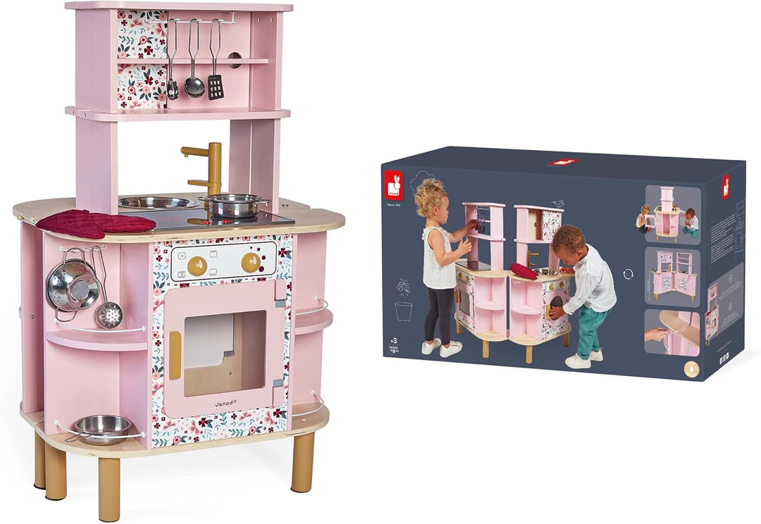 Janod - Twist Kinderküche aus Holz - Doppelseitige Küche - Mit 8 Utensilien - Ofen, Drehknöpfe, Koch