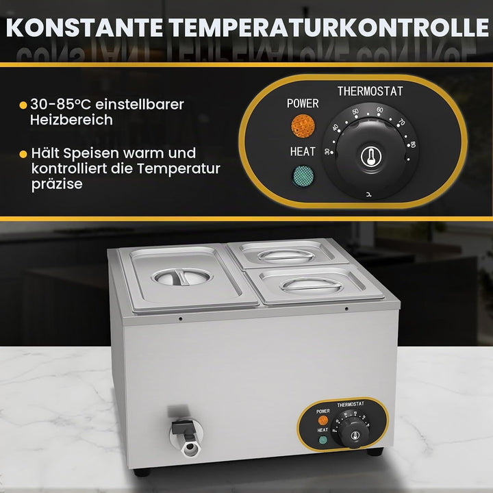 MOOTACO Elektrischer Wasserbad aus Edelstahl, Speisenwärmer Buffet, 1 x 1/3 GN Behälter + 2 x 1/6, m