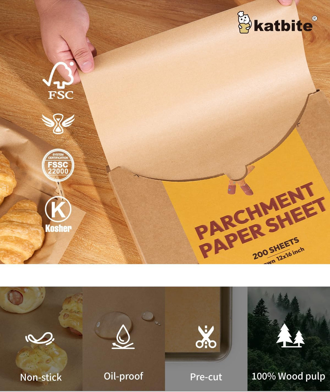 katbite Braun Backpapier Zuschnitte, 200 Blatt 30 x 40 cm Backpapier, zum Backen von Keksen, Kochen,