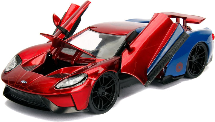 Jada Toys 253225002 Marvel Spiderman 2017 Ford GT, 1:24 Modellauto Figur, aus Zinkdruckguss, öffnend