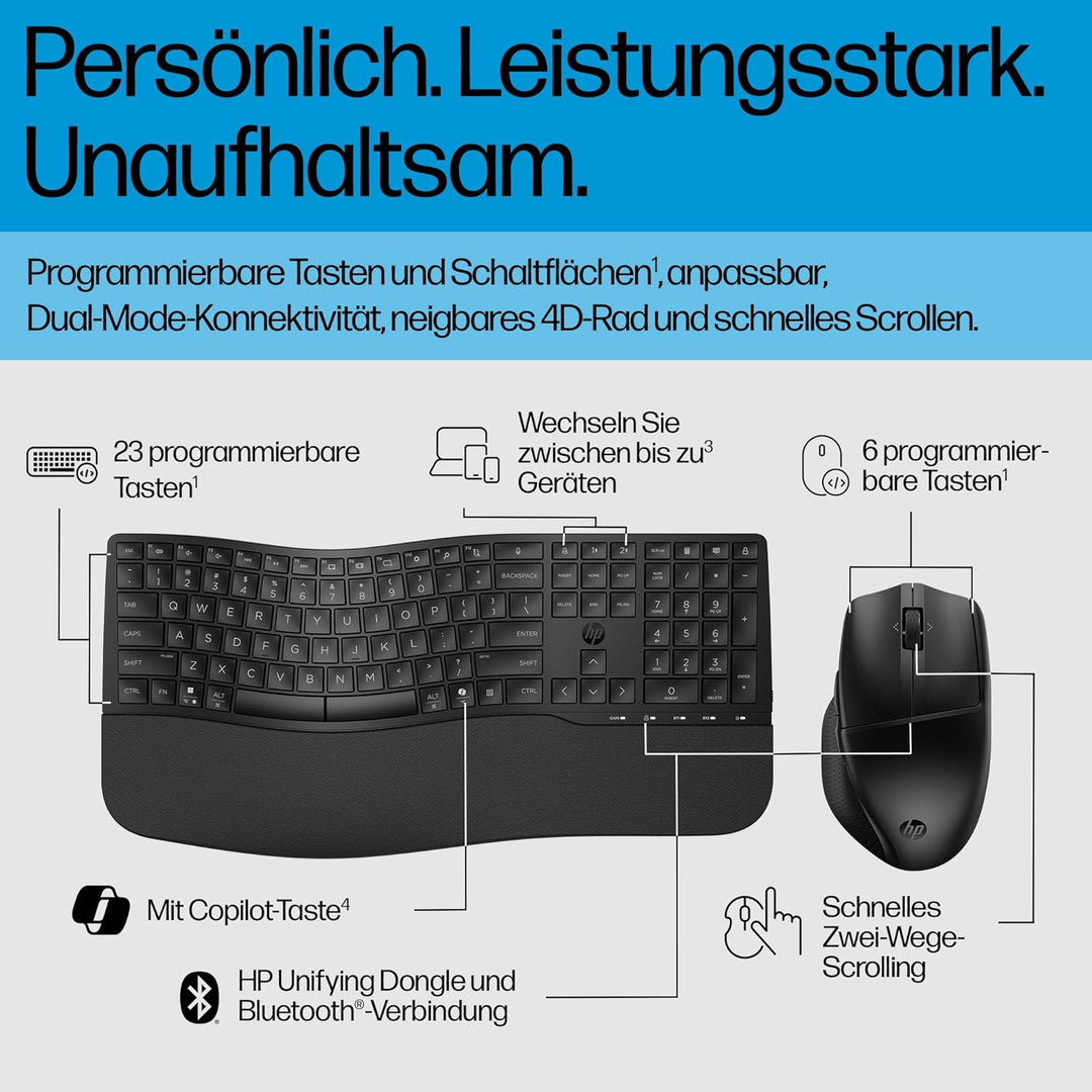 HP 680 Comfort Dual-Mode Tastatur und Maus Set, QWERTZ Deutsches Layout, Kabellos, Bluetooth & 2,4GH
