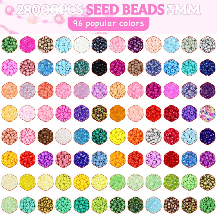 28000PCS 3mm Perlen, zum Auffädeln für Armbänder Selber Machen, Bunte Glasperln Machen Set mit 300 P