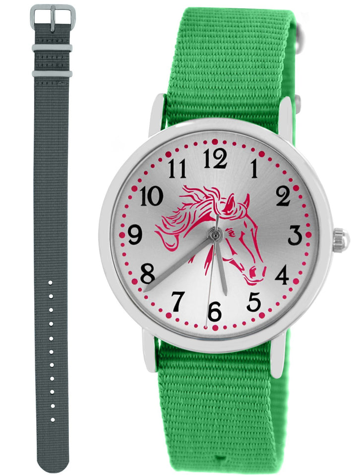 Pacific Time Mädchen Armbanduhr Uhr Pferd Pferdemotiv analog Quarz 2 Textilarmband grau grün 10023